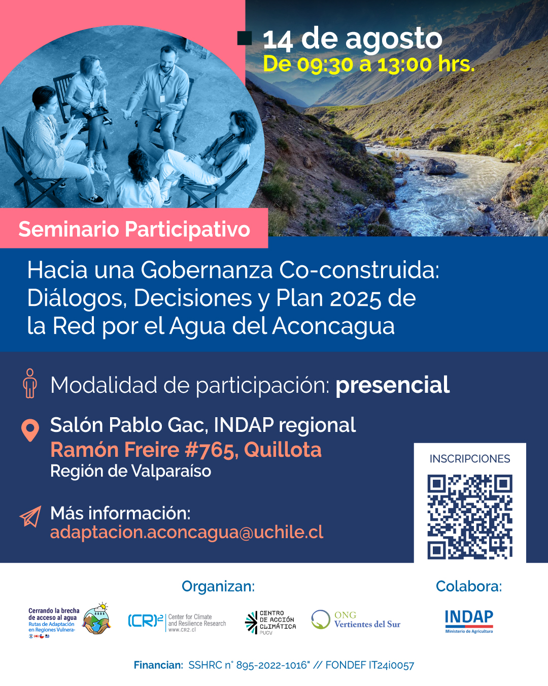Imagen de evento Seminario Participativo Red por el Agua "Hacia una Gobernanza Co-construida: Diálogos, Decisiones y Plan 2025 de la Red por el Agua del Aconcagua"